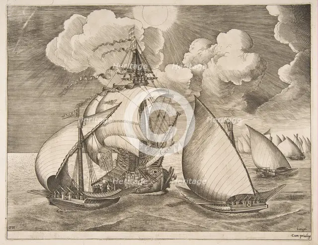 Fleet of Galleys Escorted by a Caravel from The Sailing Vessels, 1561-65. Creator: Frans Huys.