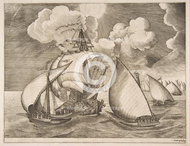 Fleet of Galleys Escorted by a Caravel from The Sailing Vessels, 1561-65. Creator: Frans Huys.