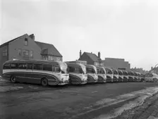 Fleet of Phillipson's coaches, Goldthorpe, South Yorkshire, 1963. Creator: Michael Walters