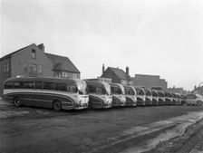 Fleet of Phillipson's coaches, Goldthorpe, South Yorkshire, 1963. Creator: Michael Walters