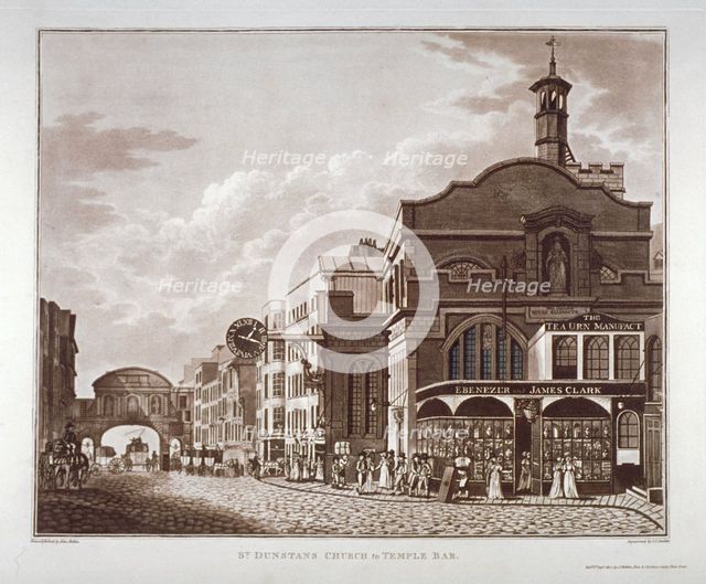 Fleet Street from St Dunstan in the West to Temple Bar, City of London, 1802. Artist: John Hickin