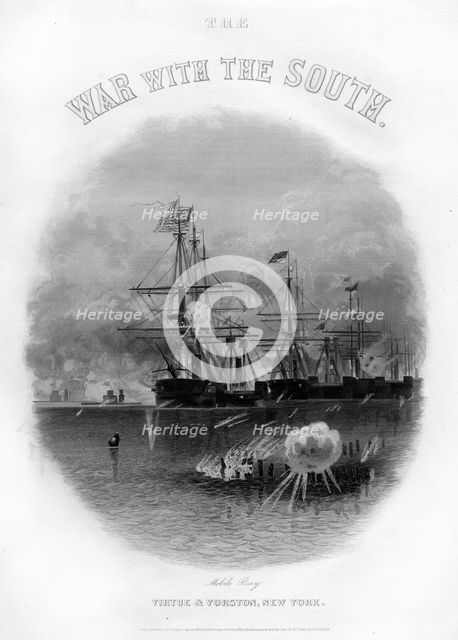 Fleet passing the fort and obstructions, Battle of Mobile Bay, August 5, 1864, (1862-1867). Artist: Unknown