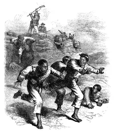 Flight of black Union soldiers from Fort Pillow, Tennessee, American Civil War, 1864 (c1880)