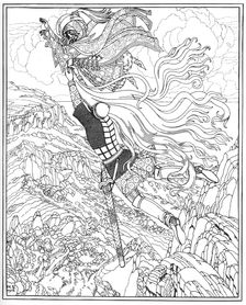 Flight of Chernomor and Ruslan. Illustration to the poem Ruslan and Lyudmila by A. Pushkin, 1918. Artist: Bilibin, Ivan Yakovlevich (1876-1942)