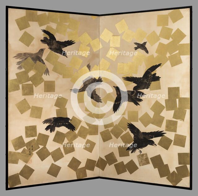 Flight of crows in a snow storm, 19th-20th century. Creator: Mochizuki Gyokusen.