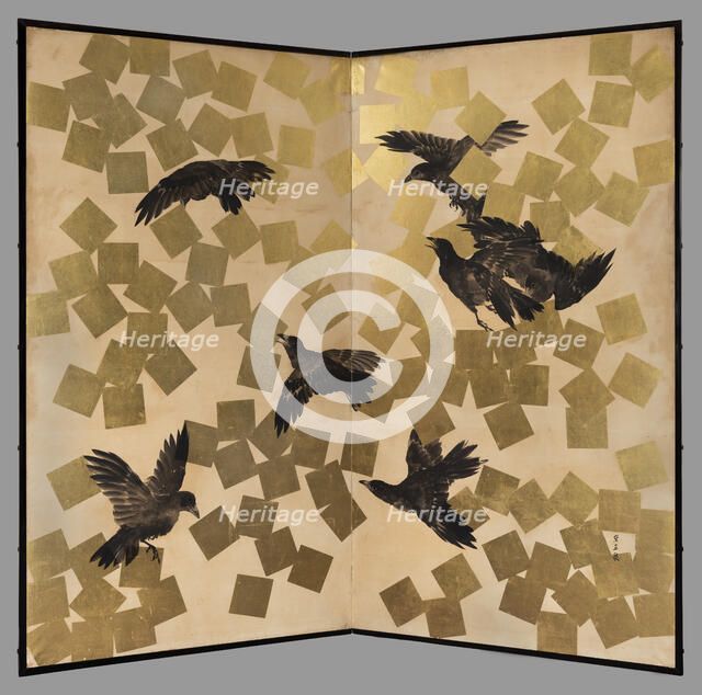 Flight of crows in a snow storm, 19th-20th century. Creator: Mochizuki Gyokusen.