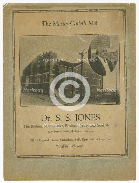 Flier advertising S.S. Jones farewell meeting, ca. 1924. Creator: Unknown.