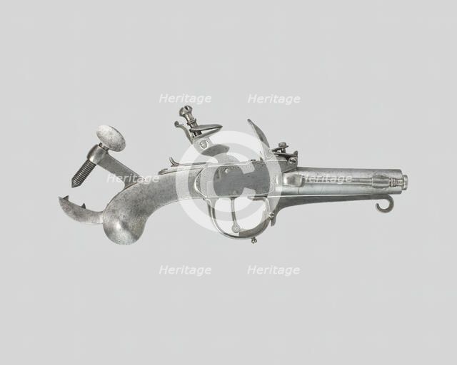 Flintlock Alarm-Trap Pistol, France, c. 1800. Creator: Unknown.