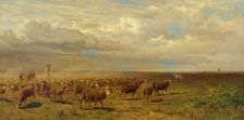 Flock of sheep in the Puszta, 1872. Creator: Gustav Ranzoni