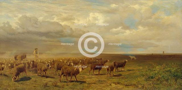 Flock of sheep in the Puszta, 1872. Creator: Gustav Ranzoni.