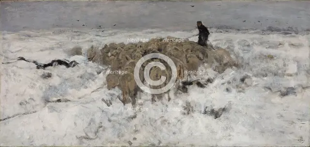 Flock of sheep with shepherd in the snow, 1887-1888. Artist: Mauve, Anton (1838-1888)