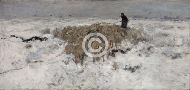Flock of sheep with shepherd in the snow, 1887-1888. Artist: Mauve, Anton (1838-1888)
