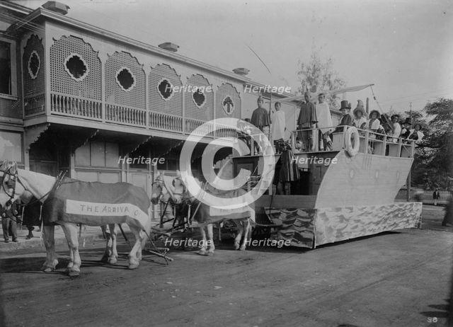 Float representing arrival of first missionary boat "Thaddeus", Floral Parade, Honolulu, 1910. Creator: Bain News Service.