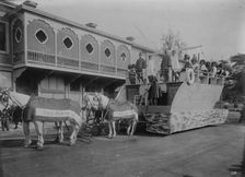Float representing arrival of first missionary boat "Thaddeus", Floral Parade, Honolulu, 1910. Creator: Bain News Service