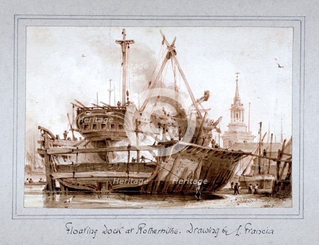 Floating dock at Rotherhithe, London, c1810.      Artist: Francois Louis Thomas Francia