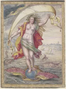 Floating Female figure on a winged sphere resting in a shell, (Kairos or Fortuna)., c17th century. Creator: Unknown
