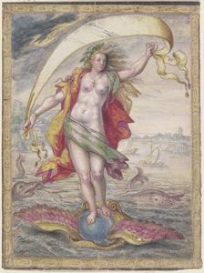 Floating Female figure on a winged sphere resting in a shell, (Kairos or Fortuna)., c17th century. Creator: Unknown