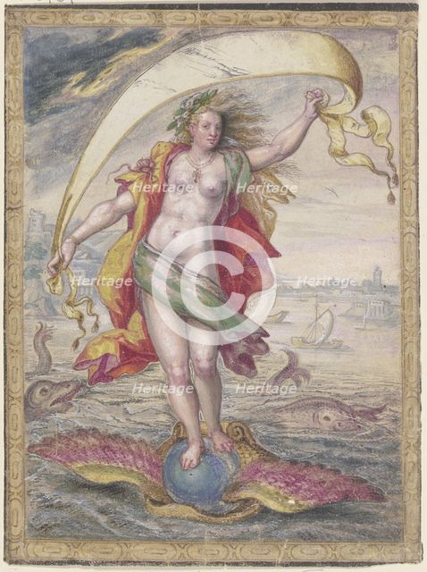 Floating Female figure on a winged sphere resting in a shell, (Kairos or Fortuna)., c17th century. Creator: Unknown.