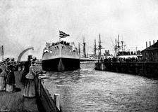 Floating of H.M.S. "Majestic" at Portsmouth, January 31, 1895. Creator: Symonds