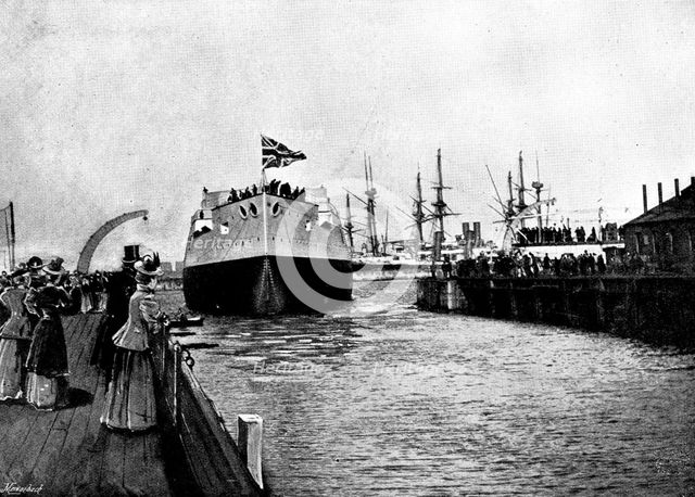 Floating of H.M.S. "Majestic" at Portsmouth, January 31, 1895. Creator: Symonds.
