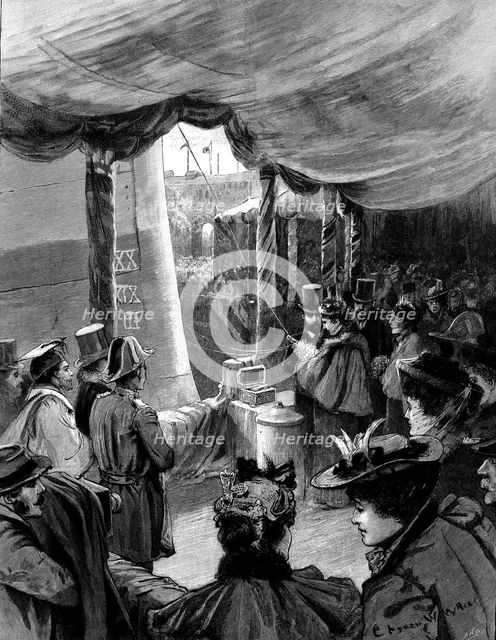 Floating of H.M.S. "Majestic" at Portsmouth, January 31: Princess Louise christening the ship, 1895. Creator: P Naumann.