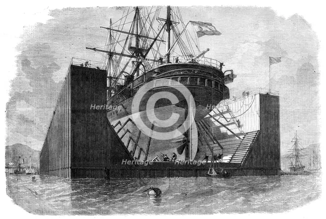 Floating pontoons or dock prepared by Messrs. Rennie and Son for the government of Spain, 1862. Creator: Unknown.