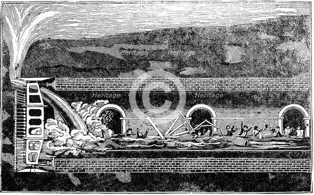 Flooding during the excavation of the Thames Tunnel, London,1828 (1836). Artist: Unknown