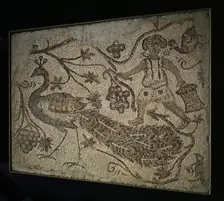 Floor Mosaic Panel: Grape Harvester with Peacock, 400s. Creator: Unknown