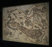 Floor Mosaic Panel: Grape Harvester with Peacock, 400s. Creator: Unknown