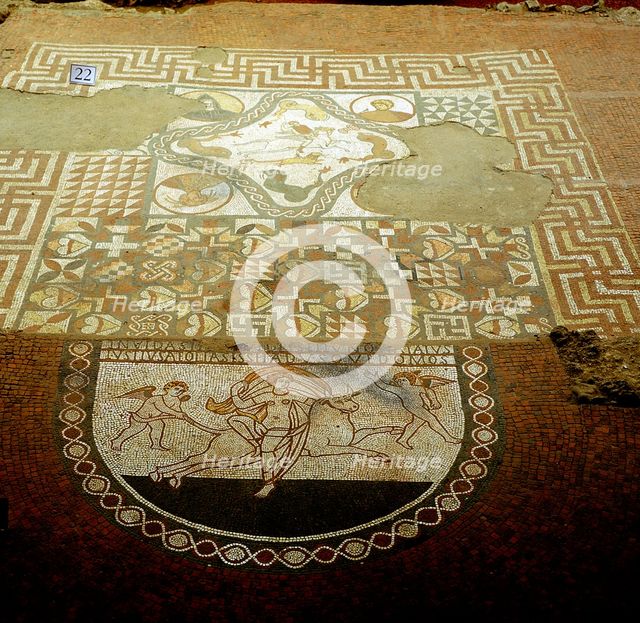 Floor mosaic showing Europa riding a bull, Lullingstone Roman Villa, Kent. Artist: Unknown
