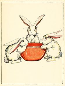 Flopsy, Mopsy, and Cotton-Tail had bread and milk and blackberries for dinner, 1916. Creator: American School (20th Century)