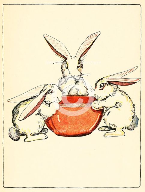 Flopsy, Mopsy, and Cotton-Tail had bread and milk and blackberries for dinner, 1916. Creator: American School (20th Century).