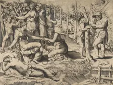 Flora in the centre passing a wreath to another woman, surrounded by other fig..., mid-16th century. Creator: Giulio Bonasone