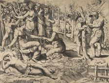 Flora in the centre passing a wreath to another woman, surrounded by other fig..., mid-16th century. Creator: Giulio Bonasone