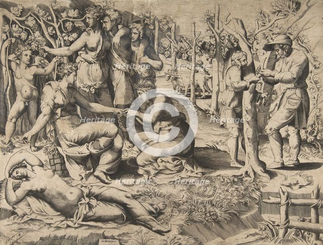 Flora in the centre passing a wreath to another woman, surrounded by other fig..., mid-16th century. Creator: Giulio Bonasone.