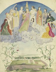 Flora scattering and spilling flowers across a landscape, surrounded by Dionysian..., 1844. Creator: Victor Muller