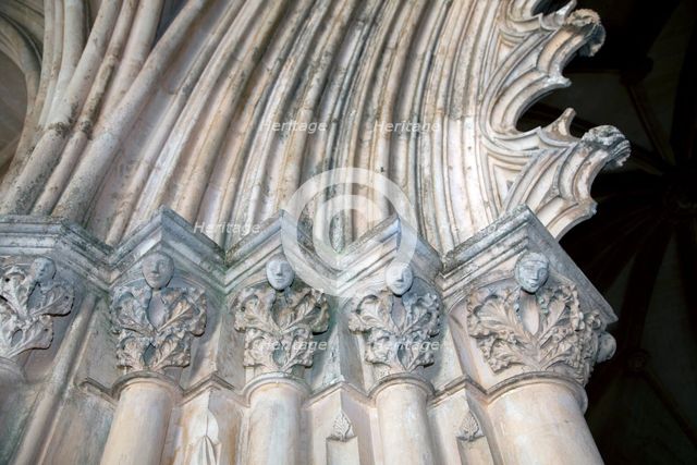 Floral and human motifs on capitals, Monastery of Batalha, Batalha, Portugal, 2009. Creator: Samuel Magal.