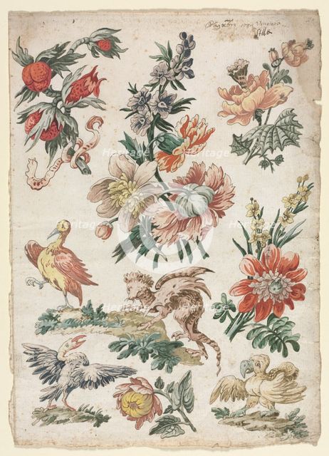 Floral Designs with Birds and Griffon, 1784. Creator: Giacomo Cavenezia (Italian).