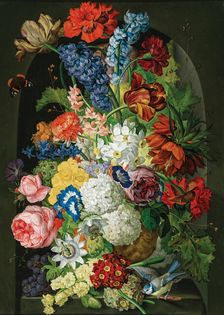 Floral still life with butterfly and blue tit. Creator: Wegmayr, Sebastian (1776-1857)