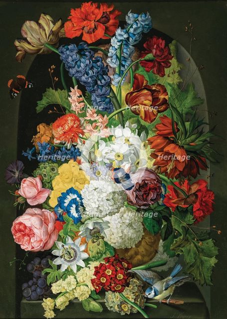 Floral still life with butterfly and blue tit. Creator: Wegmayr, Sebastian (1776-1857).
