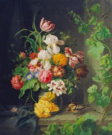 Floral still life with sparrow and vine, 1848. Creator: Josef Lauer