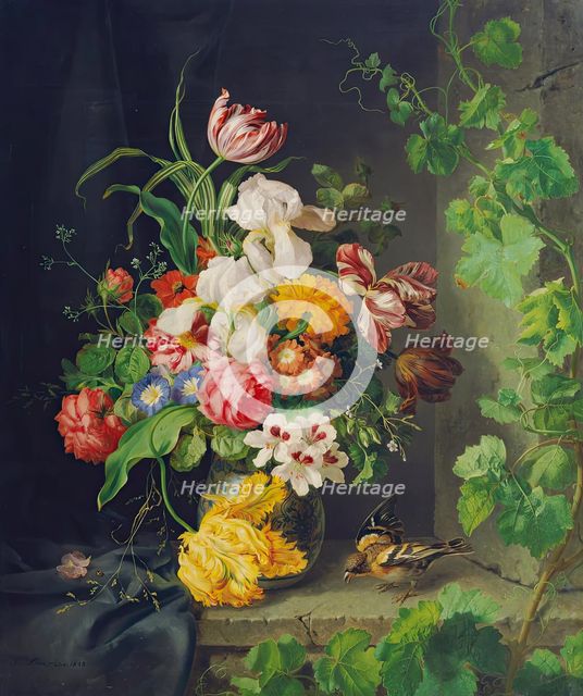 Floral still life with sparrow and vine, 1848. Creator: Josef Lauer.