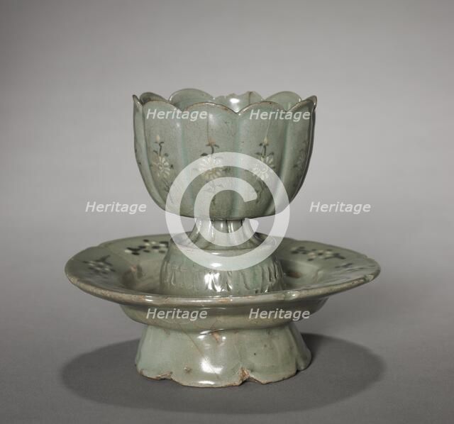 Floral-shaped Cup and Saucer with Inlaid Chrysanthemum Design, 1100s-1200s. Creator: Unknown.