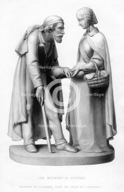 Florence Nightingale (1820-1910) tending to a wounded man at Scutari, Turkey, 19th century.Artist: JH Baker