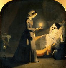 Florence Nightingale as the lady with the lamp. Creator: J. Butterworth