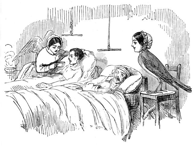Florence Nightingale watching a nurse at work, 1854. Creator: Unknown.