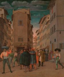 Florentine Street Scene with Twelve Figures (Sheltering the Traveler, one of the Seven Works of Merc Creator: Anon
