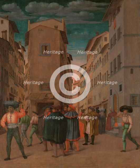 Florentine Street Scene with Twelve Figures (Sheltering the Traveler, one of the Seven Works of Merc Creator: Anon.