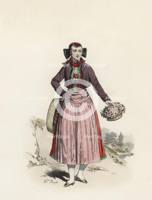 Florist in Hamburg, color engraving 1870.