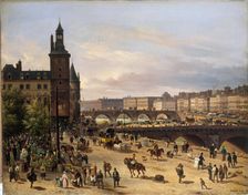 Flower market, the Clock Tower, the Pont au Change and the Pont-Neuf, 1832. Creator: Giuseppe Canella